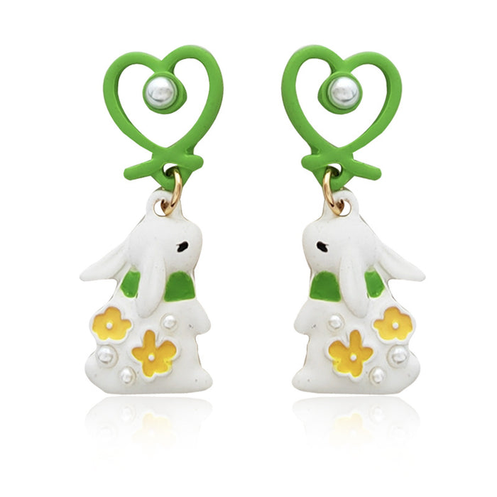 White Rabbit with Green Scarf Drop Earrings