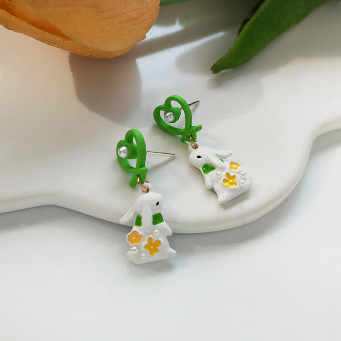 White Rabbit with Green Scarf Drop Earrings