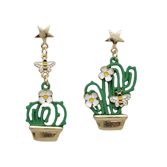 Cactus Flower and Butterfly Asymmetrical Drop Earrings