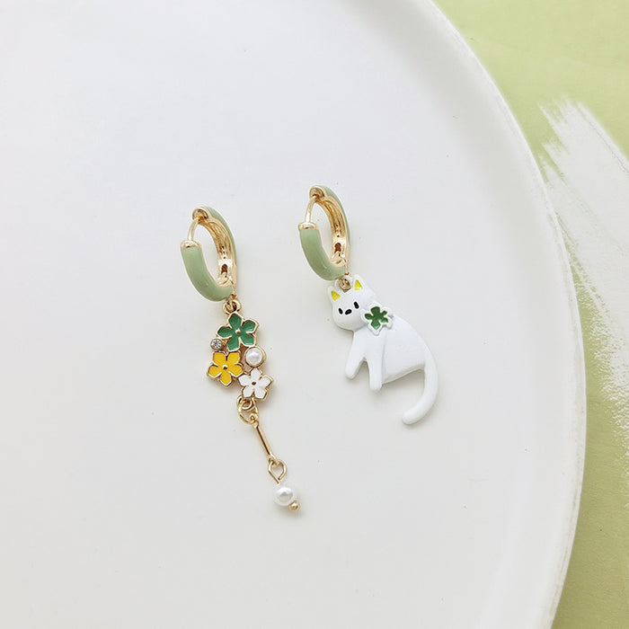 Asymmetrical Drop Earrings Cats and Flowers